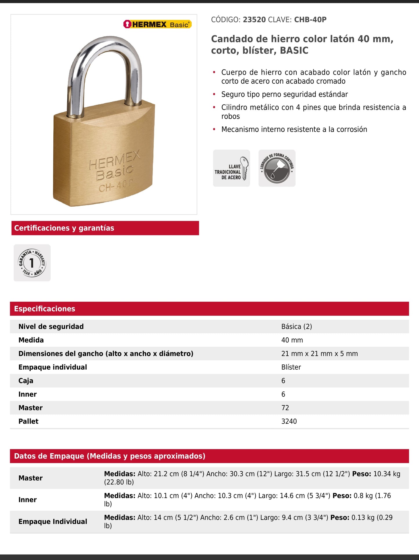 Candado de hierro de 40 mm con gancho corto