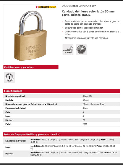 Candado de hierro de 50 mm con gancho corto