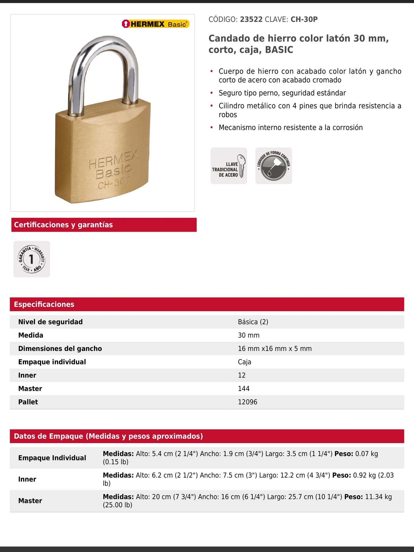 Candado de hierro de 30 mm con gancho corto