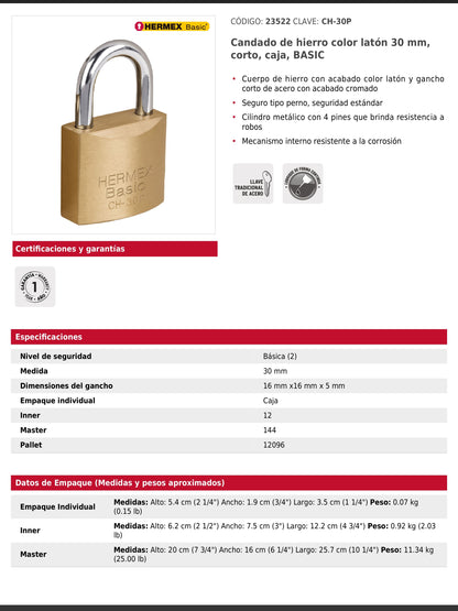 Candado de hierro de 30 mm con gancho corto