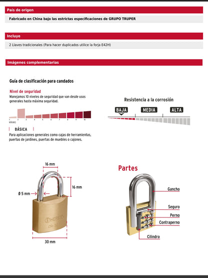 Candado de hierro de 30 mm con gancho corto