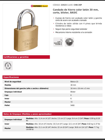Candado de hierro de 30 mm con gancho corto