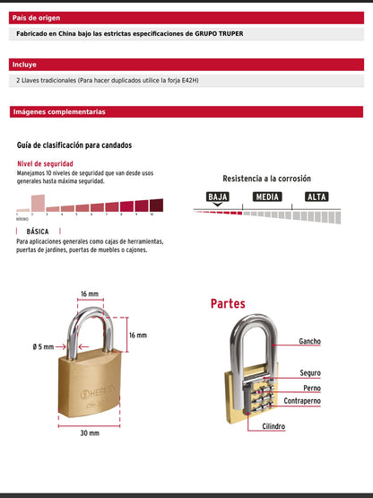 Candado de hierro de 30 mm con gancho corto