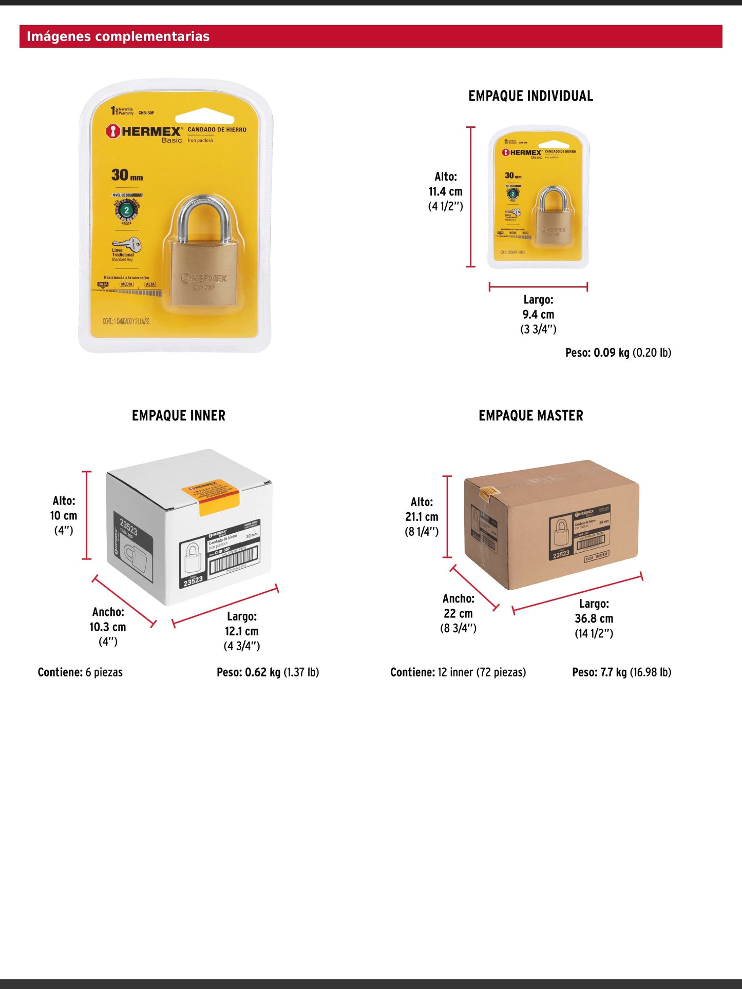 Candado de hierro de 30 mm con gancho corto