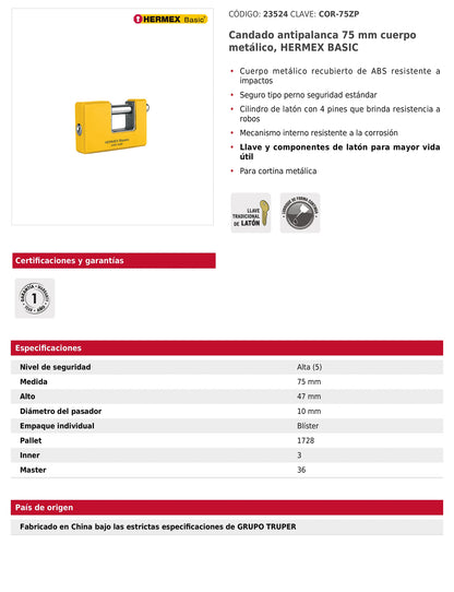 Candado antipalanca 75 mm cuerpo metálico