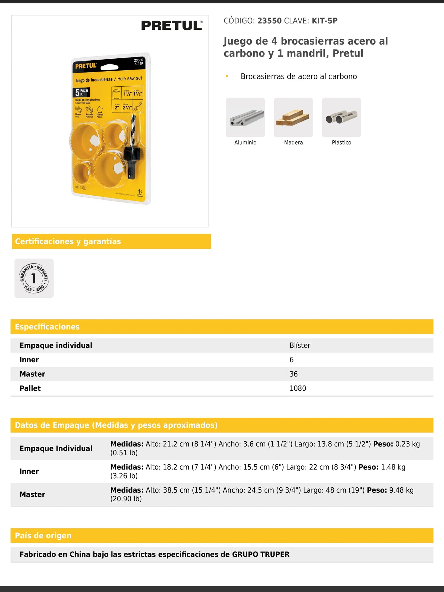 Juego de 5 piezas con brocasierras y mandril