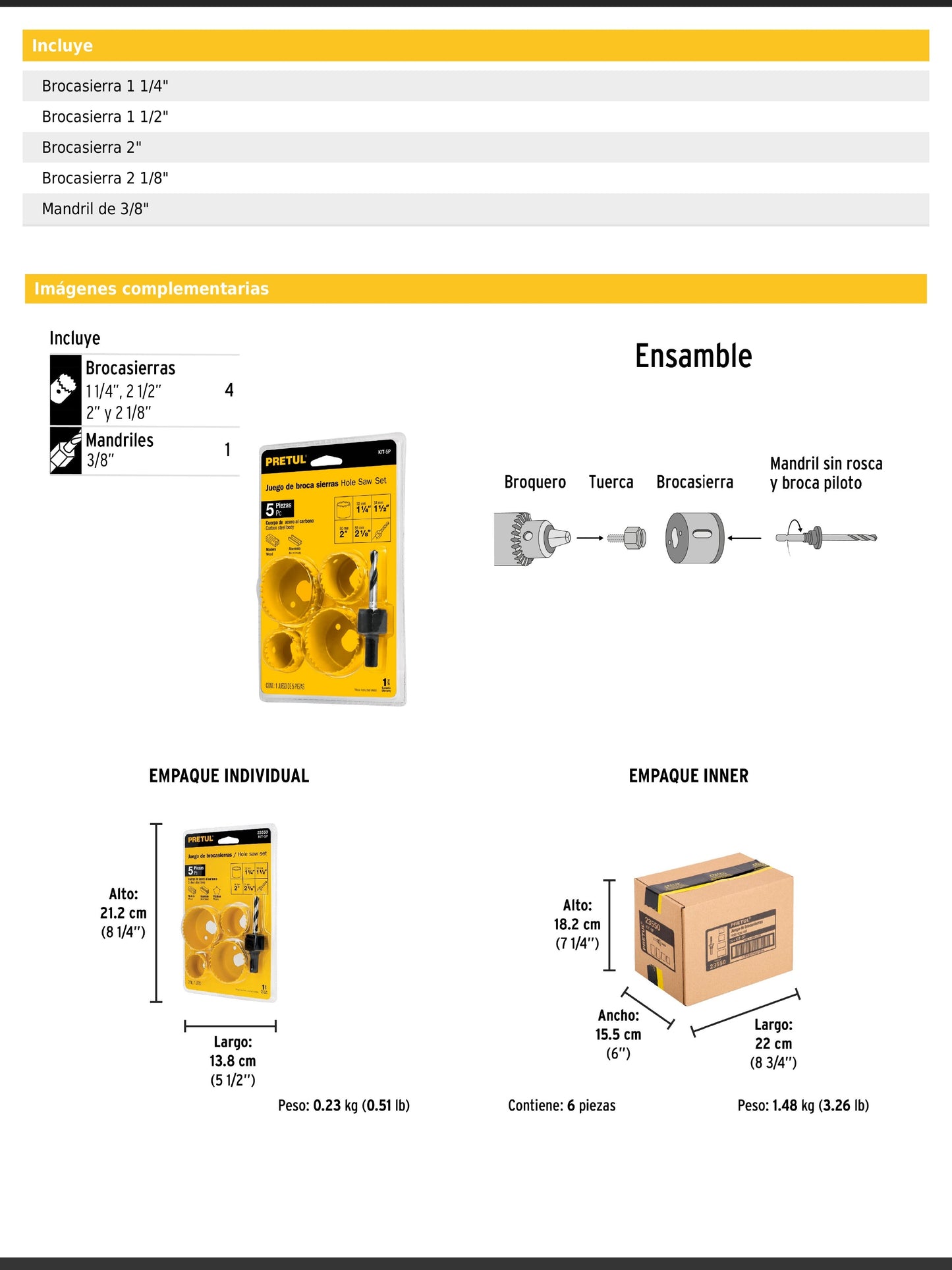 Juego de 5 piezas con brocasierras y mandril