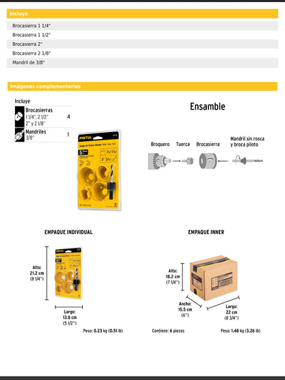 Juego de 5 piezas con brocasierras y mandril