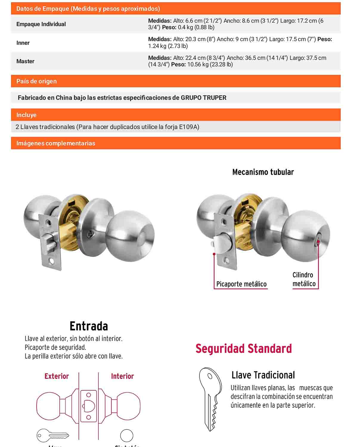 Cerradura esfera tubular entrada cromo