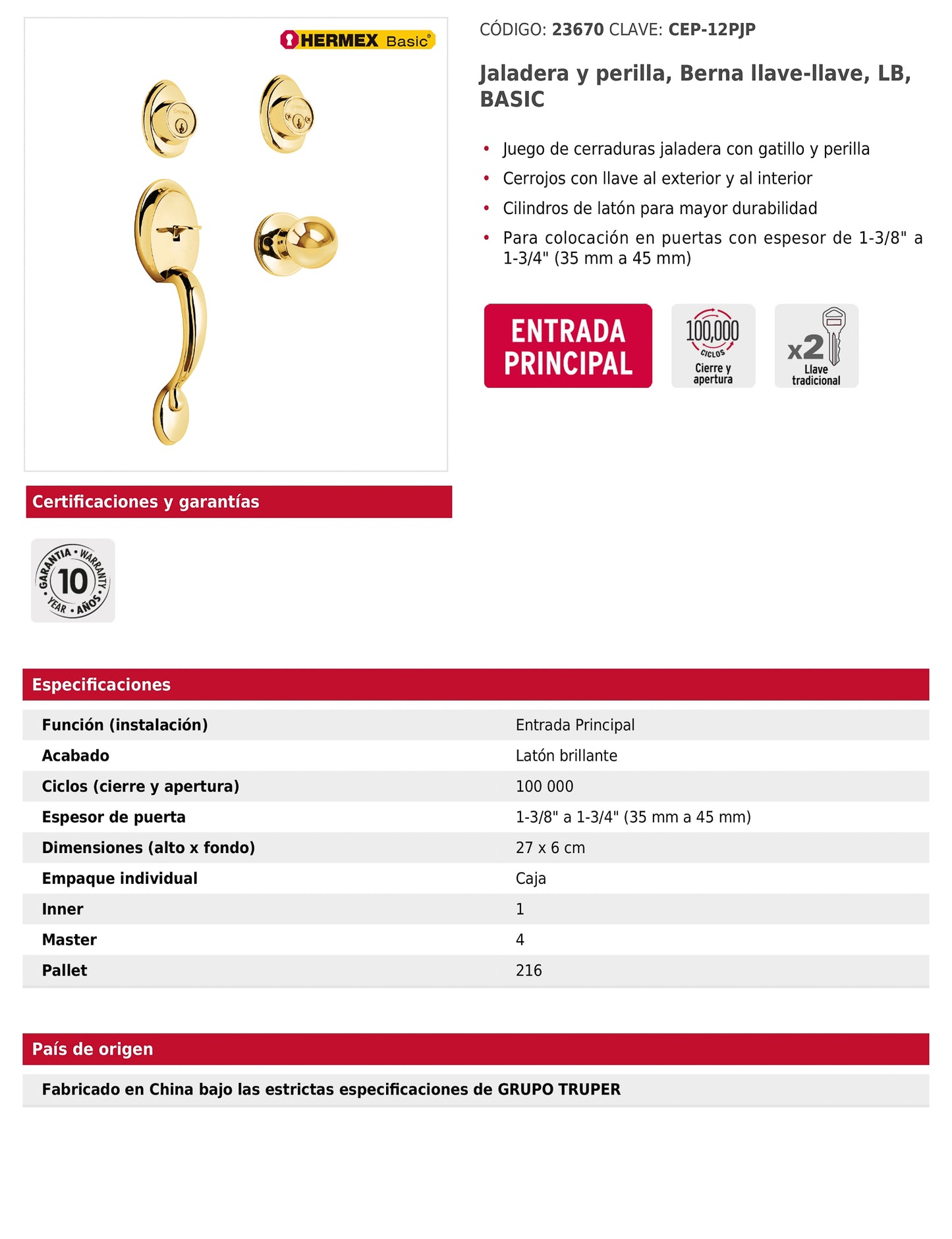 Jaladera y perilla de entrada principal de latón brillante con cerrojo llave llave