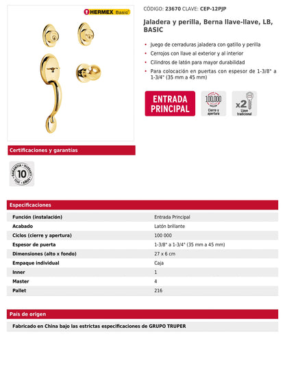 Jaladera y perilla de entrada principal de latón brillante con cerrojo llave llave