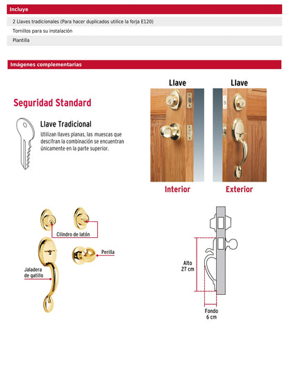Jaladera y perilla de entrada principal de latón brillante con cerrojo llave llave