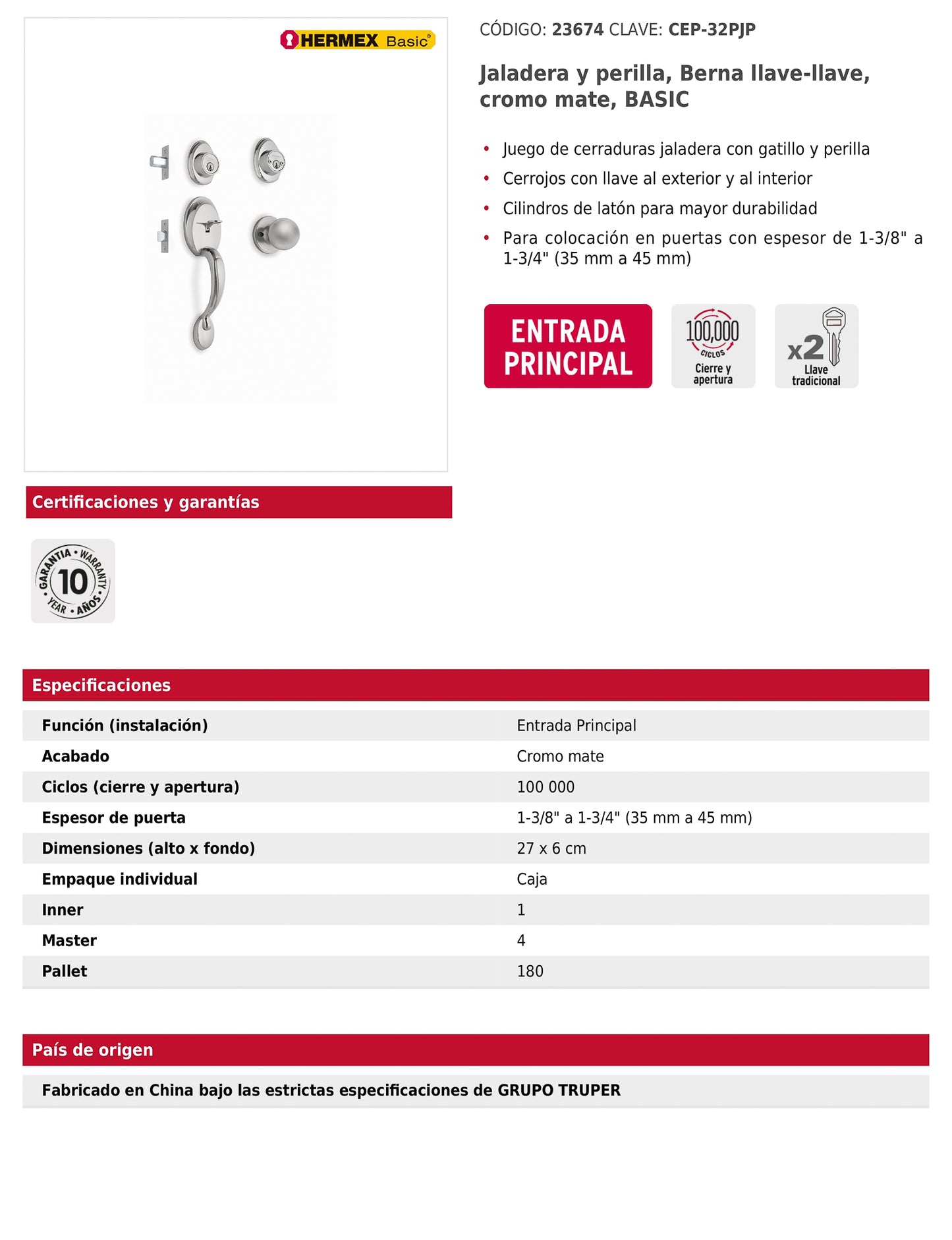 Jaladera y perilla de entrada principal con acabado cromo mate