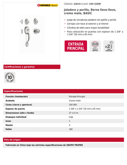 Jaladera y perilla de entrada principal con acabado cromo mate