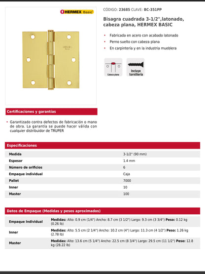 Bisagra cuadrada de acero con acabado latonado