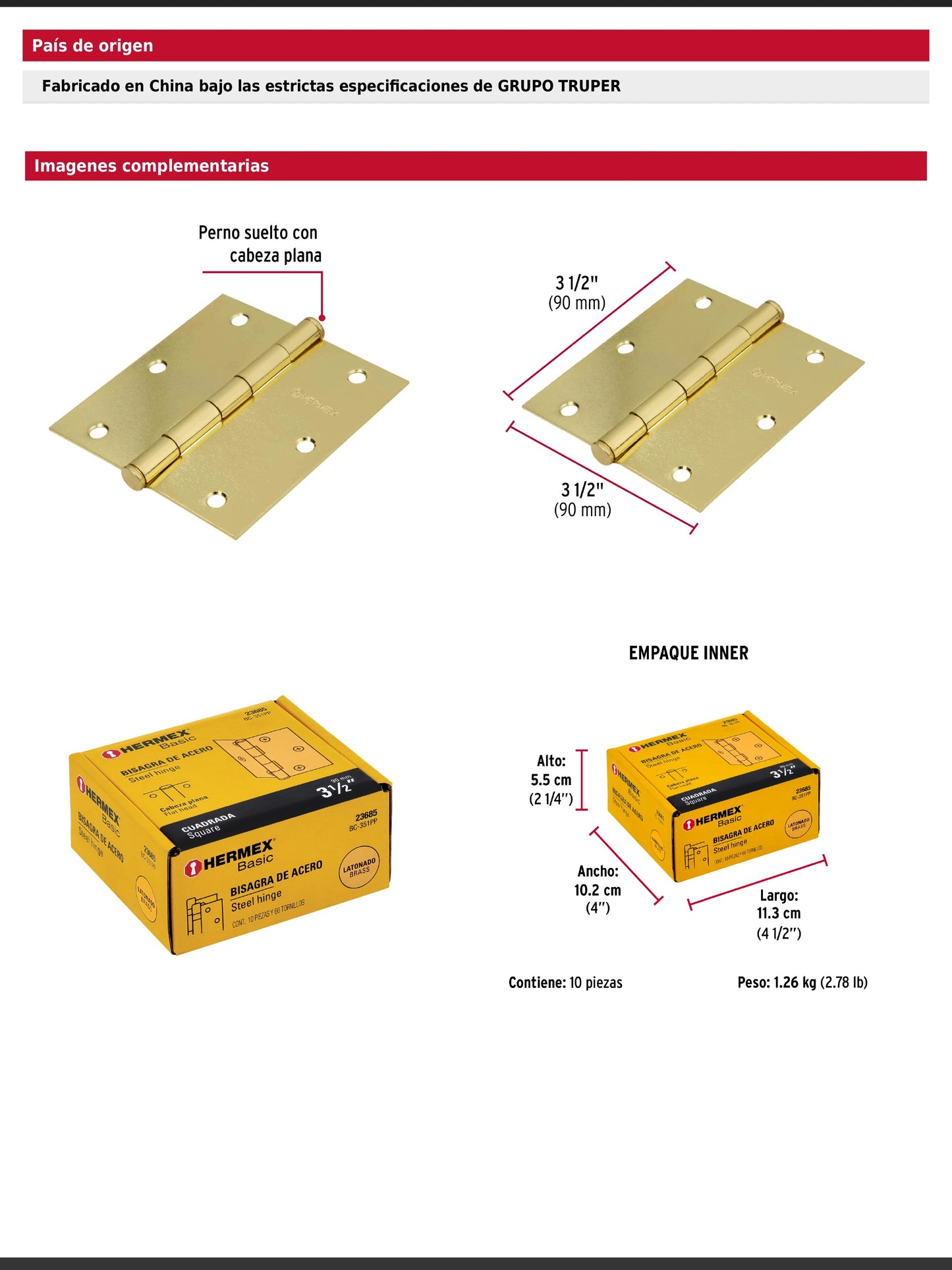 Bisagra cuadrada de acero con acabado latonado