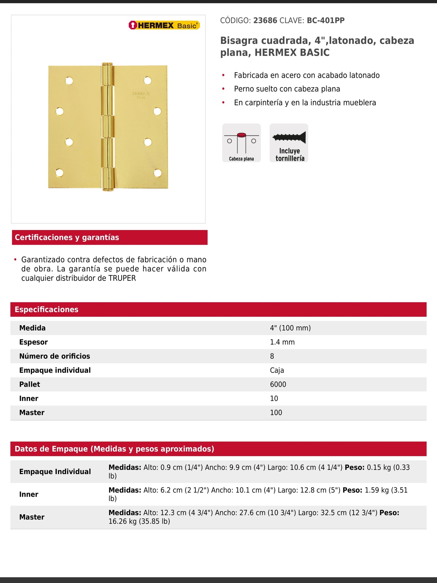 Bisagra cuadrada de acero con acabado latonado