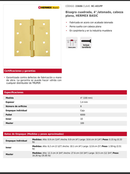 Bisagra cuadrada de acero con acabado latonado