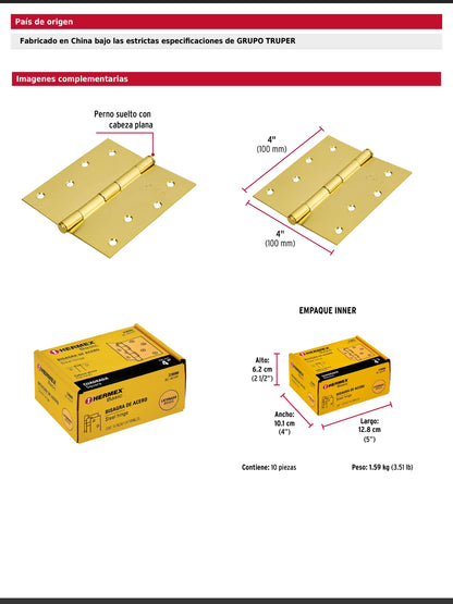 Bisagra cuadrada de acero con acabado latonado