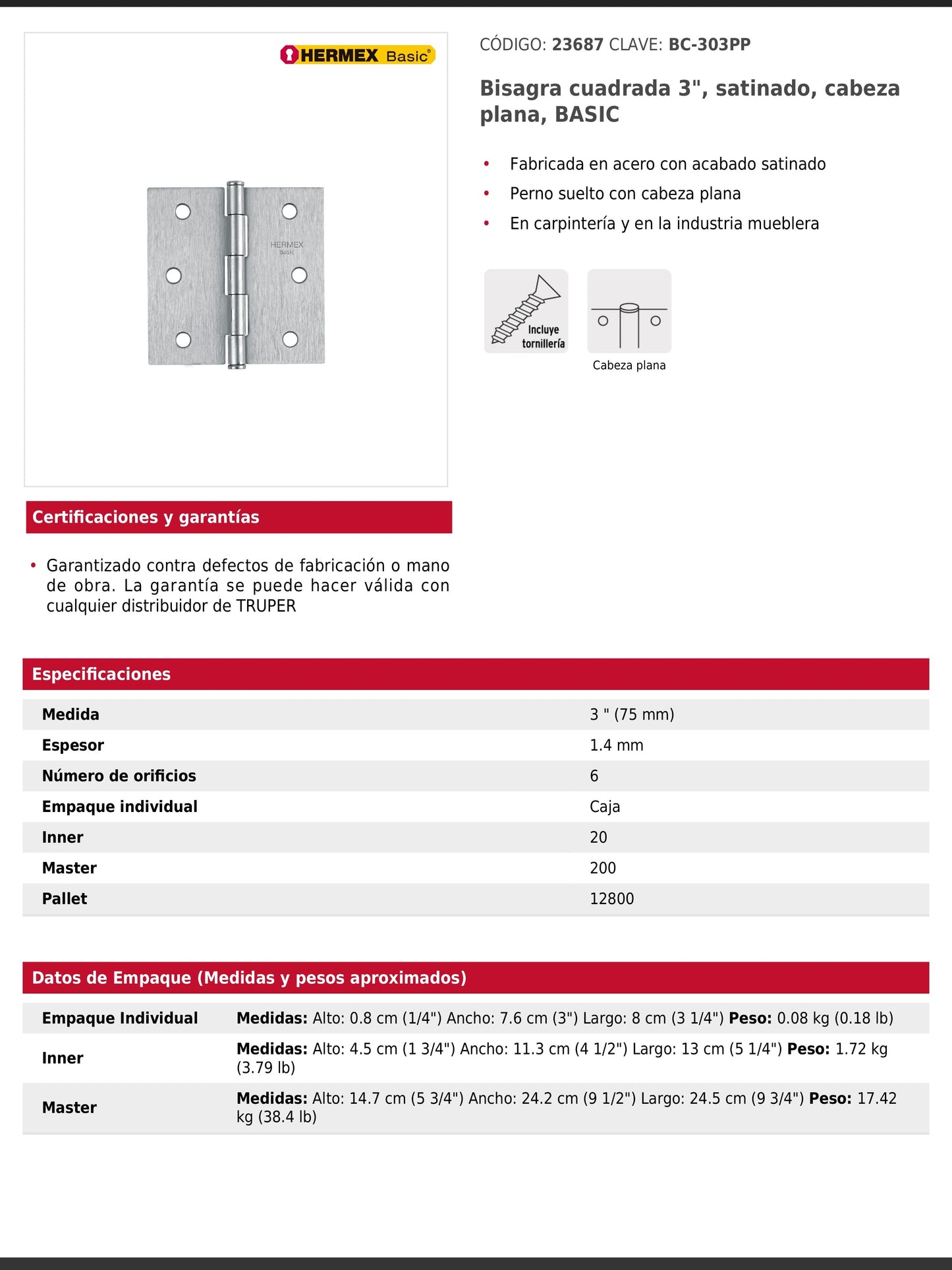 Bisagra cuadrada de acero con acabado satinado