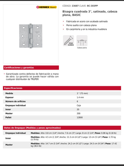 Bisagra cuadrada de acero con acabado satinado