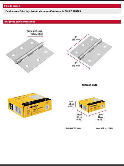 Bisagra cuadrada de acero con acabado satinado
