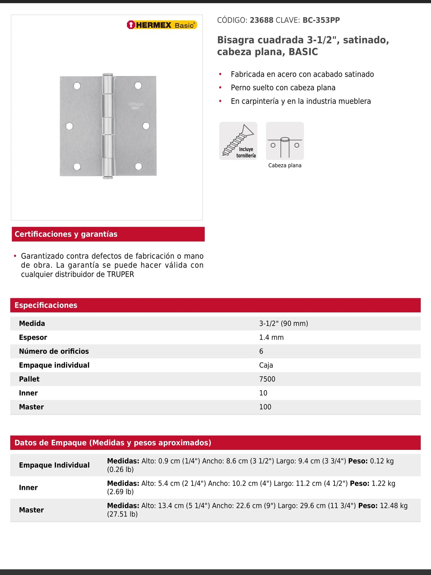 Bisagra cuadrada de acero con acabado satinado