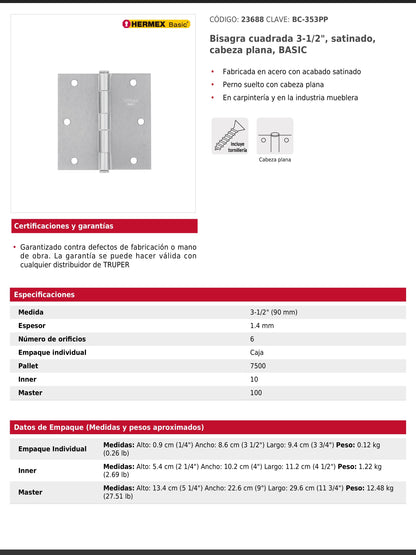 Bisagra cuadrada de acero con acabado satinado