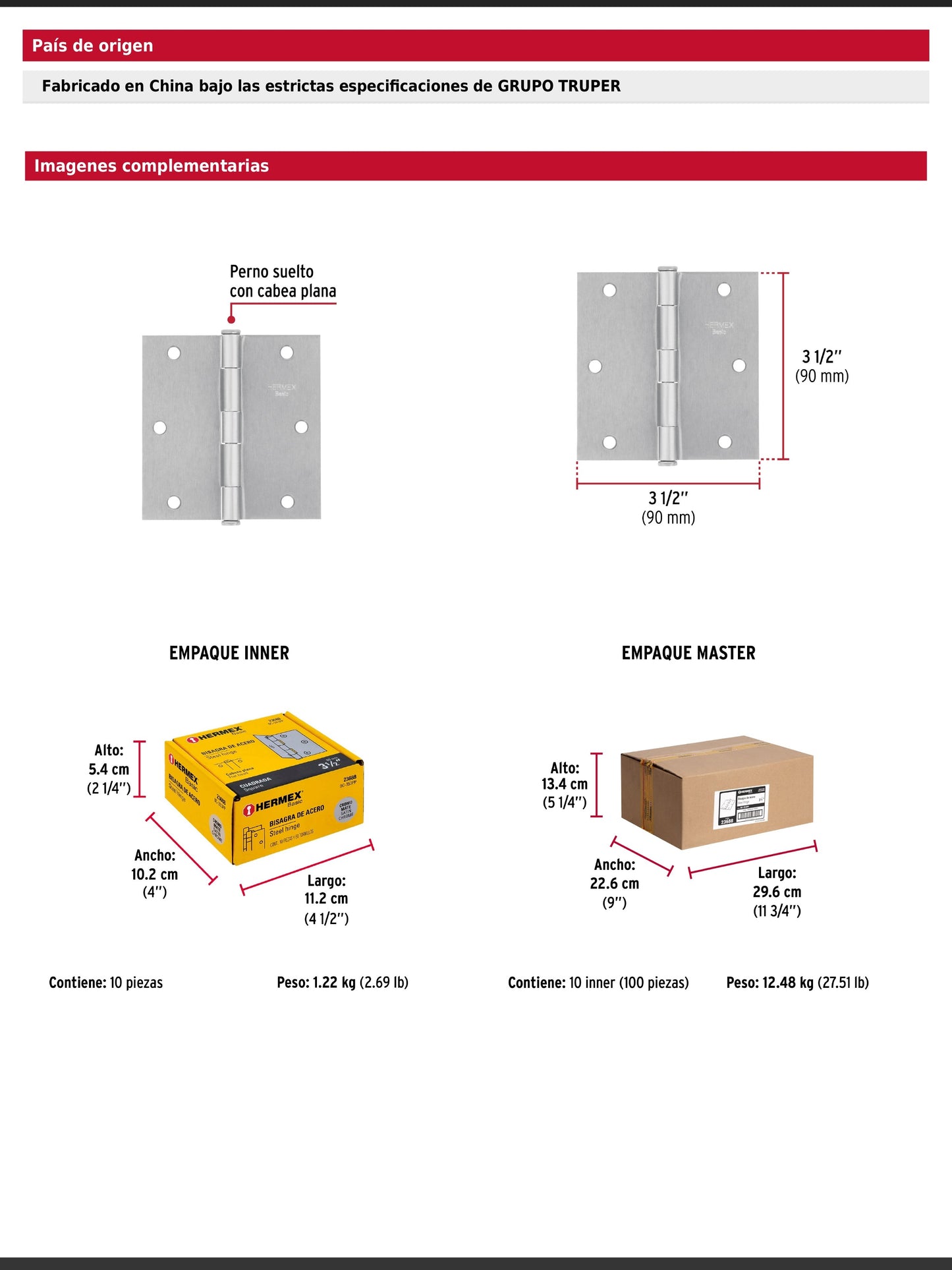 Bisagra cuadrada de acero con acabado satinado