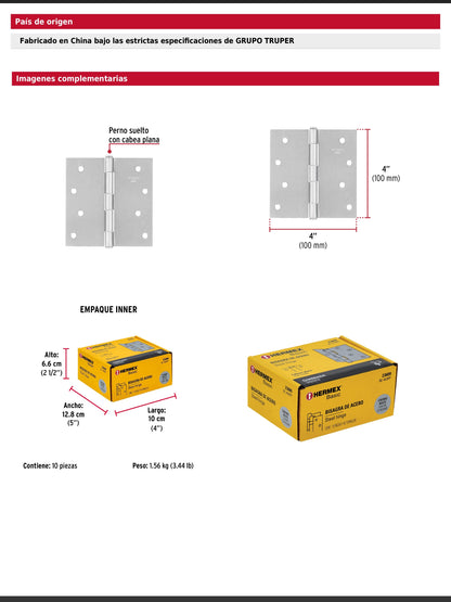 Bisagra cuadrada de acero con acabado satinado