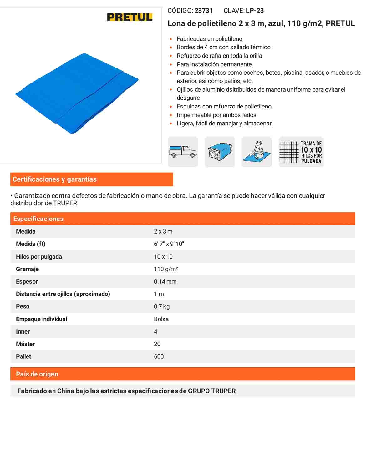 Lona Polietileno 2x3 m Azul 110g