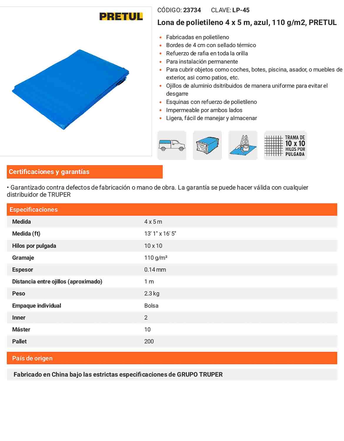 Lona Polietileno 4x5 m Azul 110g