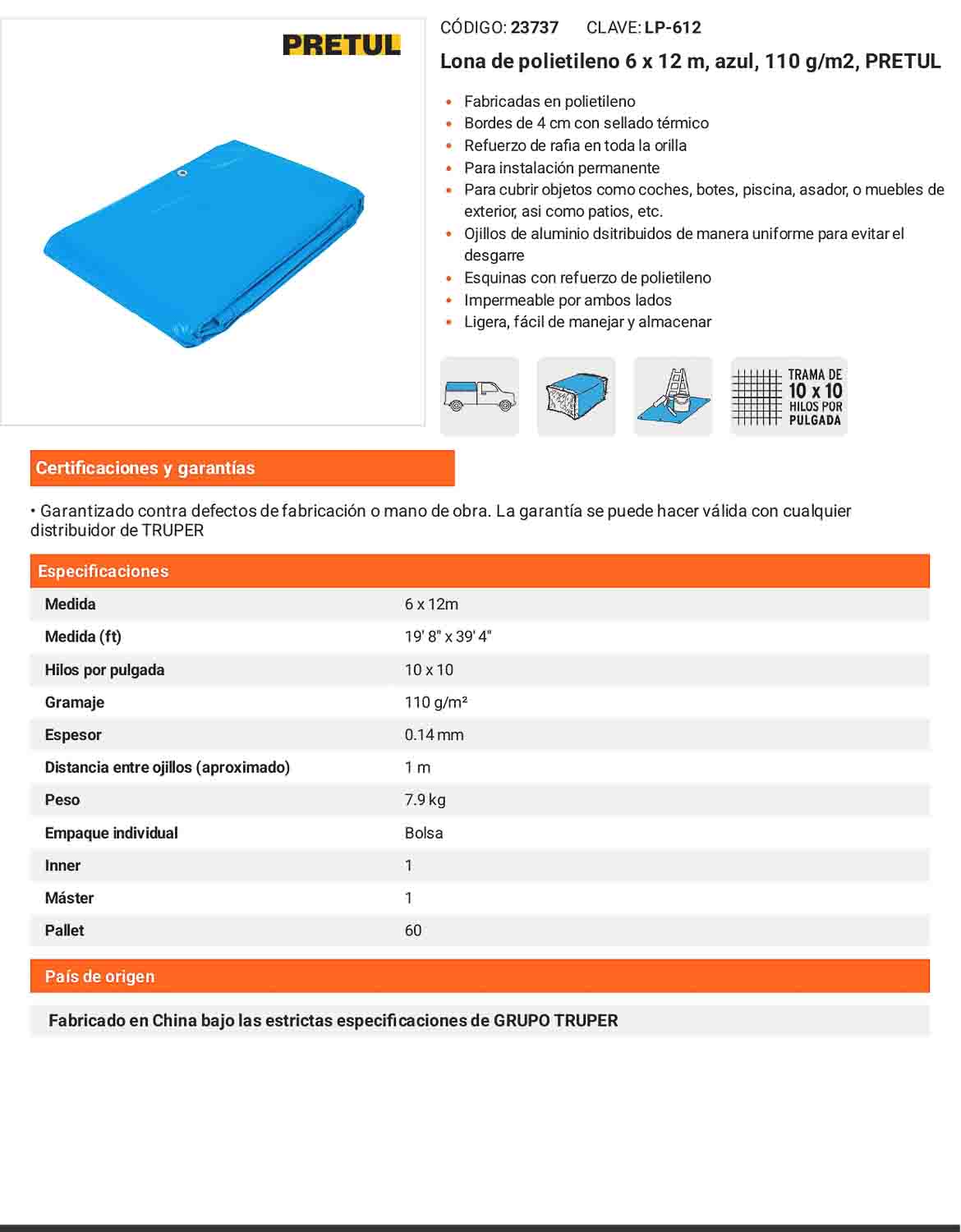 Lona Polietileno 6x12 m Azul 110g