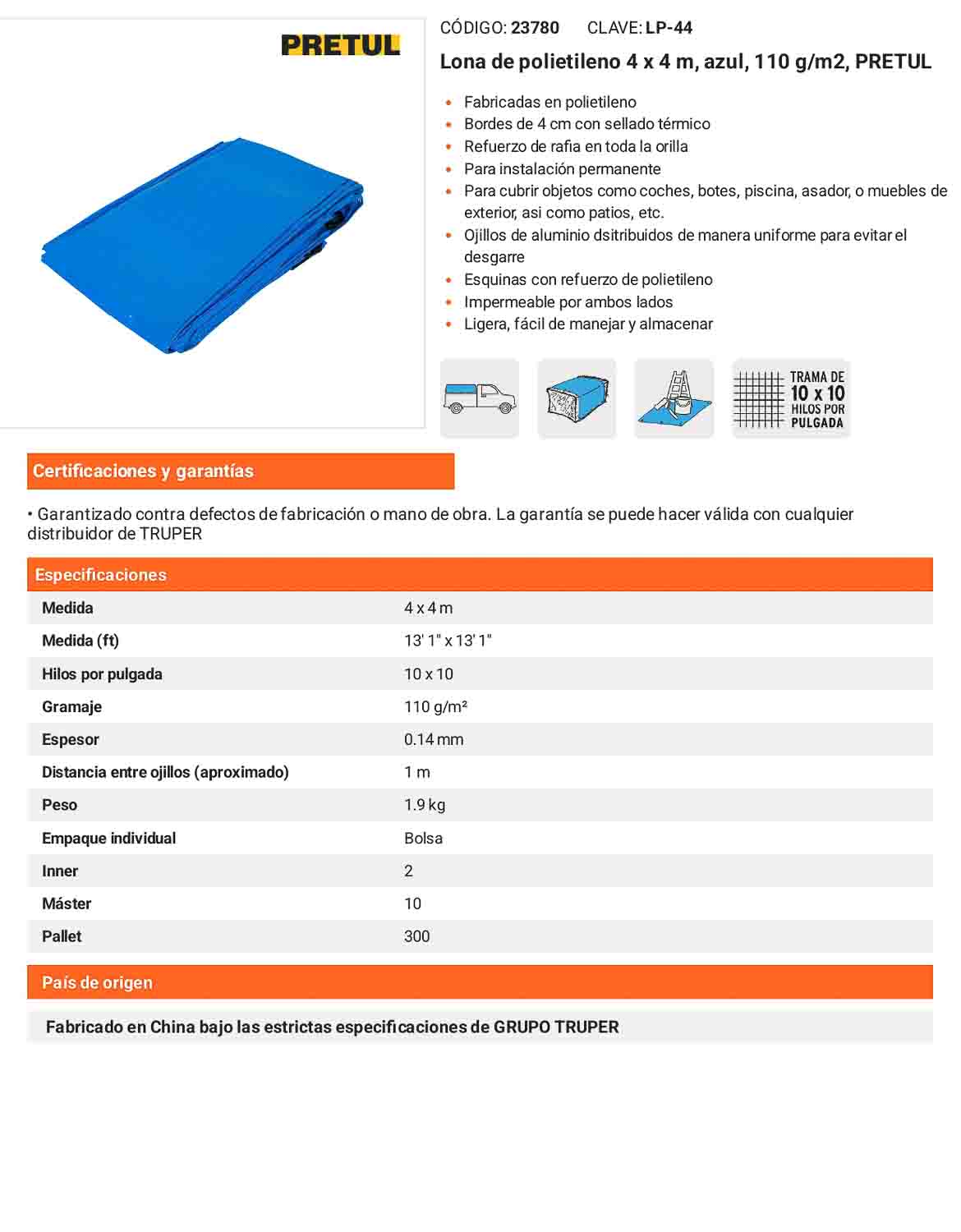 Lona Polietileno 4x4 m Azul 110g