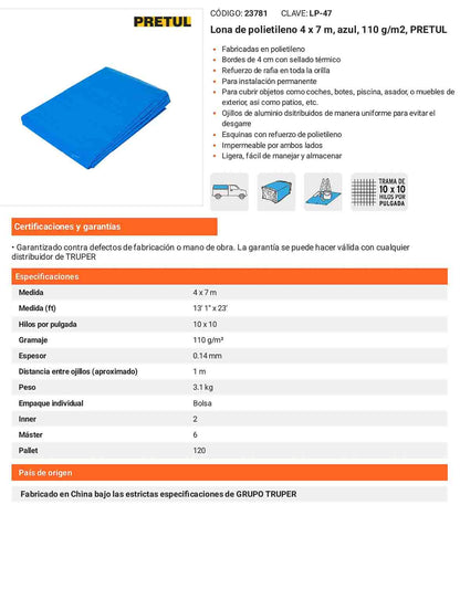 Lona Polietileno 4x7 m Azul 110g