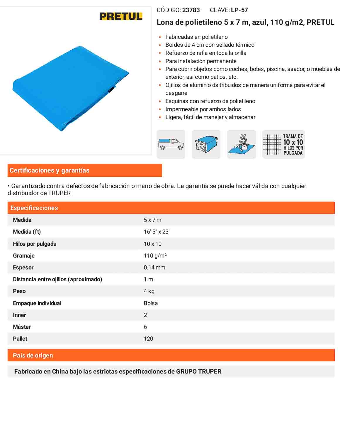 Lona Polietileno 5x7 m Azul 110g