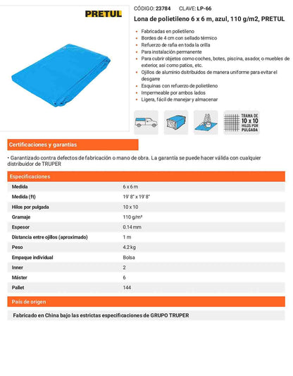 Lona Polietileno 6x6 m Azul 110g