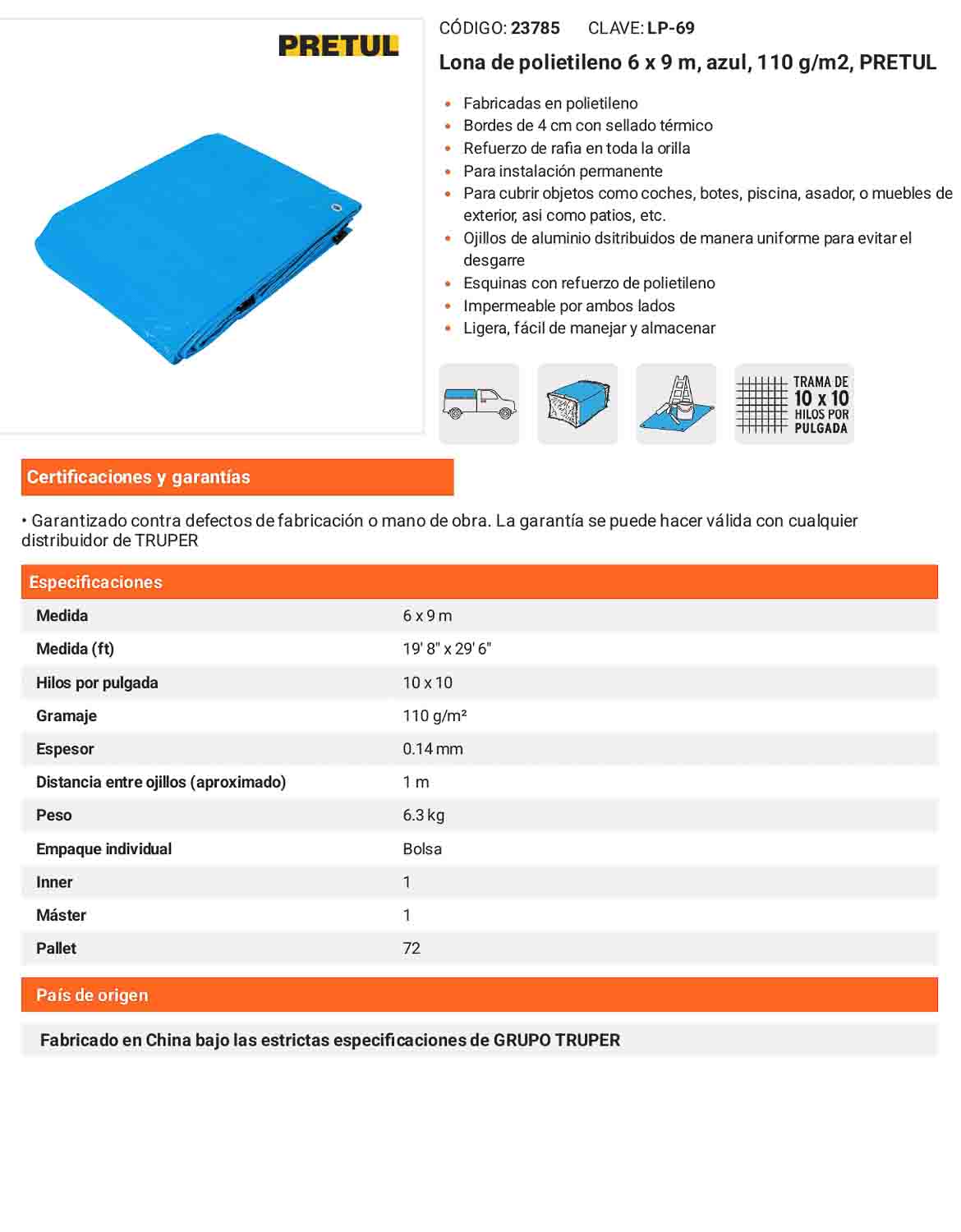 Lona Polietileno 6x9 m Azul 110g