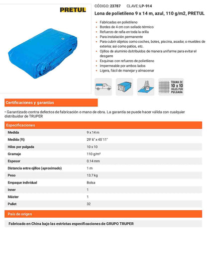 Lona Polietileno 9x14 m Azul 110g