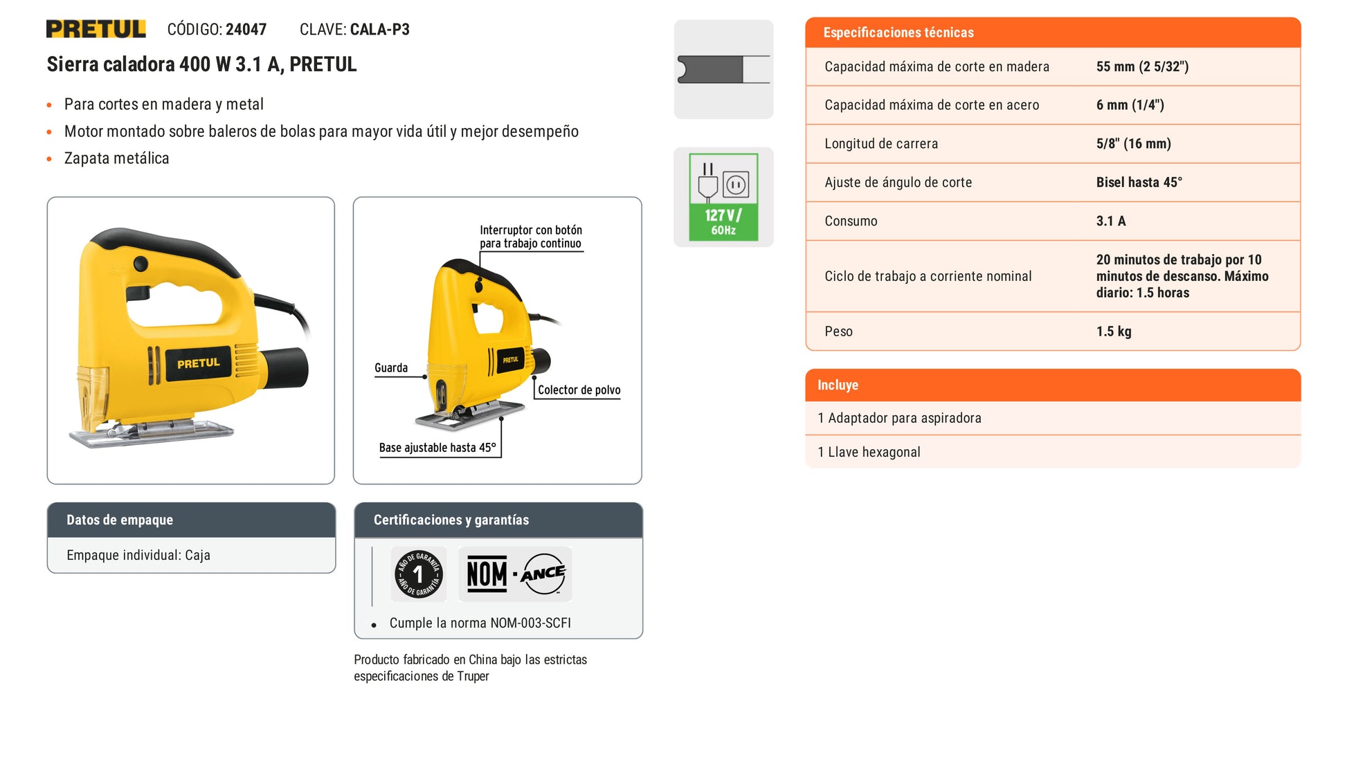 Ficha tecnica - Sierra caladora 400 W 3.1 A - SKU 24047