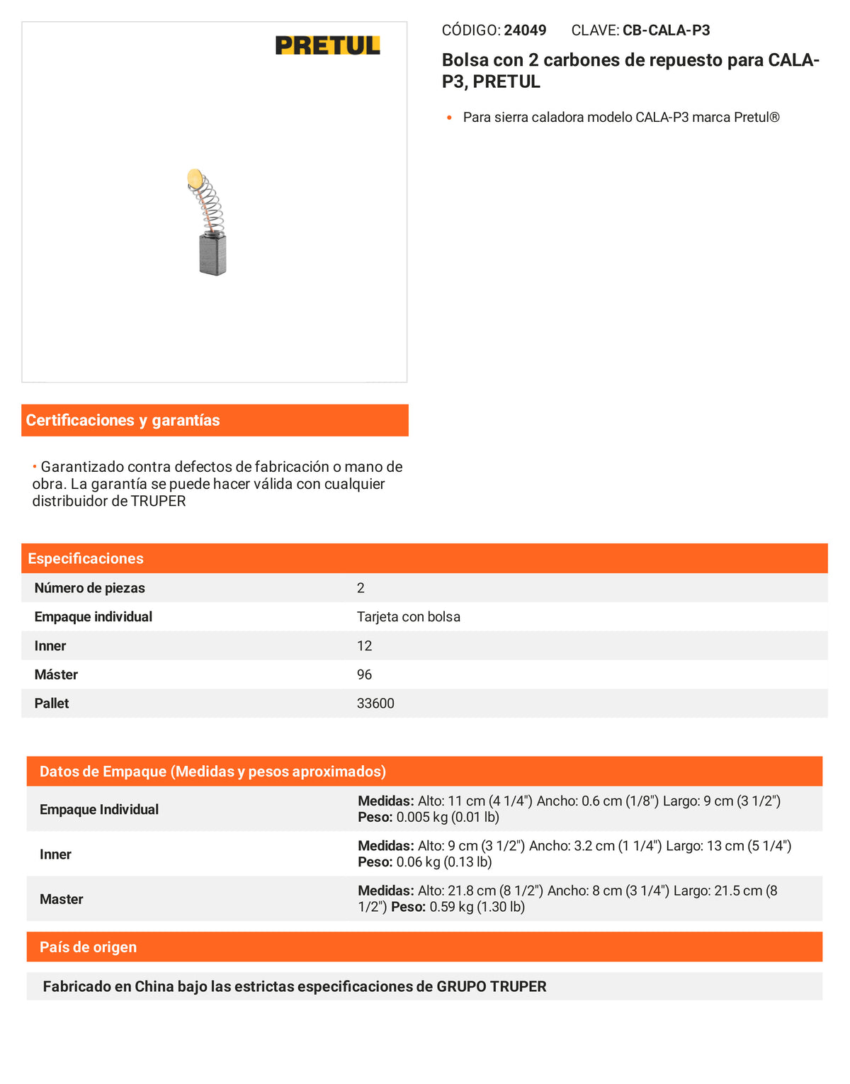Ficha tecnica - 2 carbones para CALA-P3 - SKU 24049