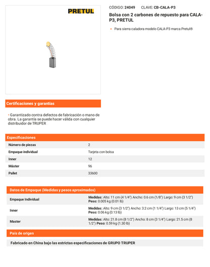 Ficha tecnica - 2 carbones para CALA-P3 - SKU 24049