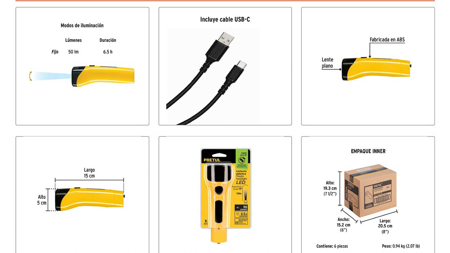 Linterna plástica LED 50 lm recargable