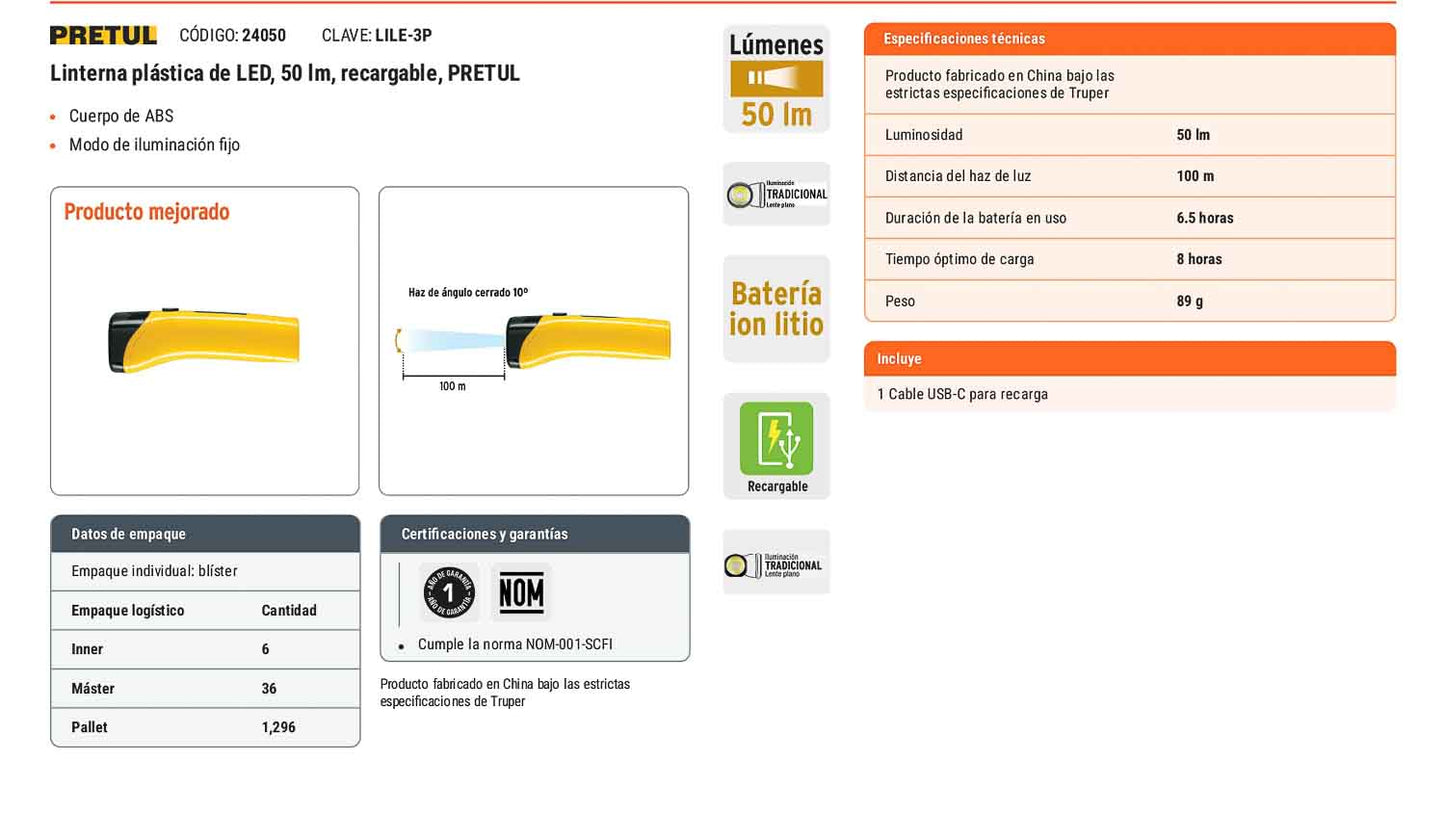 Linterna plástica LED 50 lm recargable