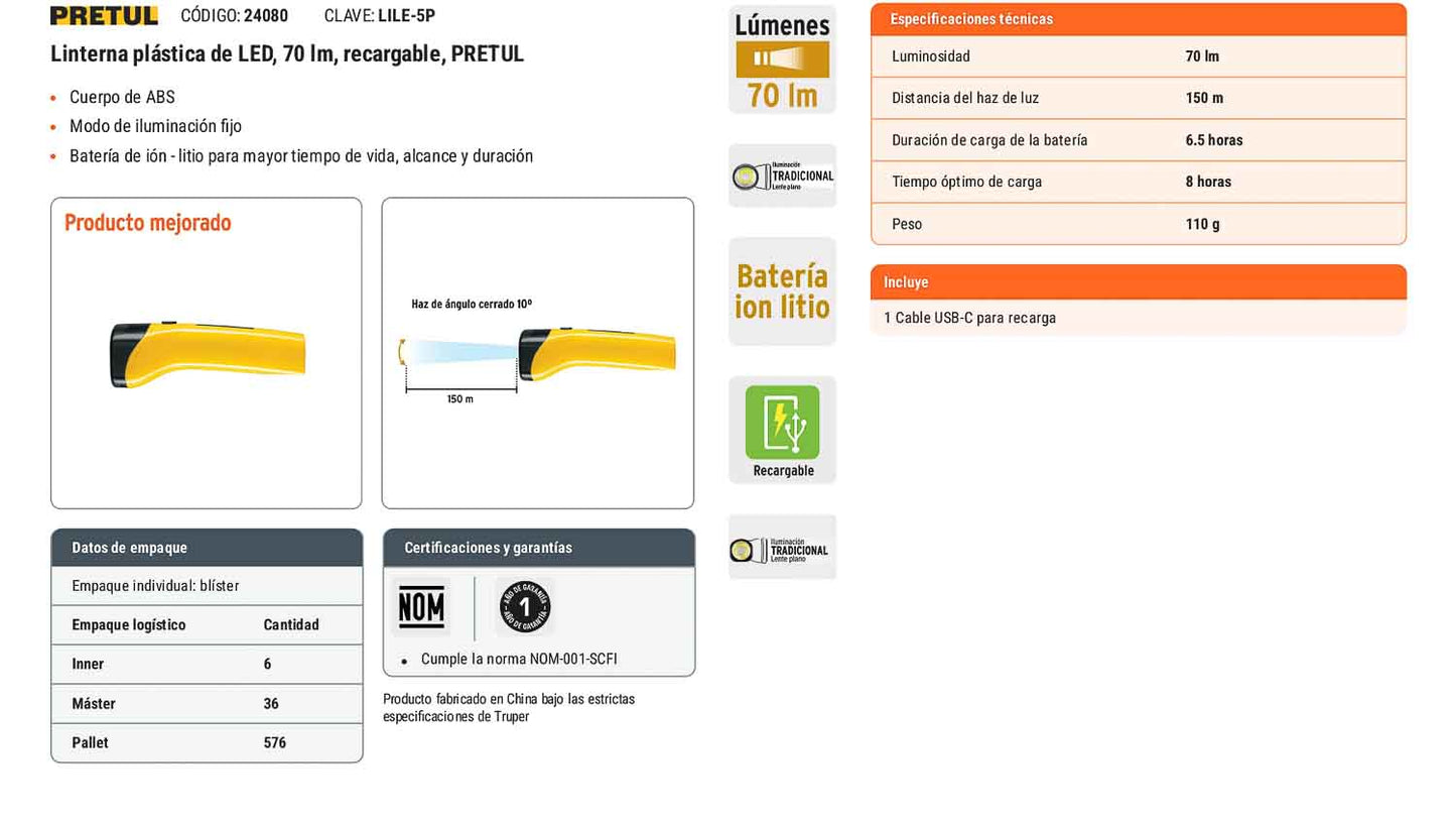 Linterna plástica LED 70 lm recargable