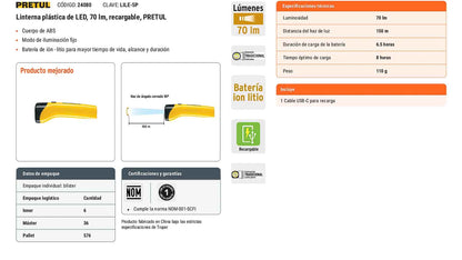 Linterna plástica LED 70 lm recargable
