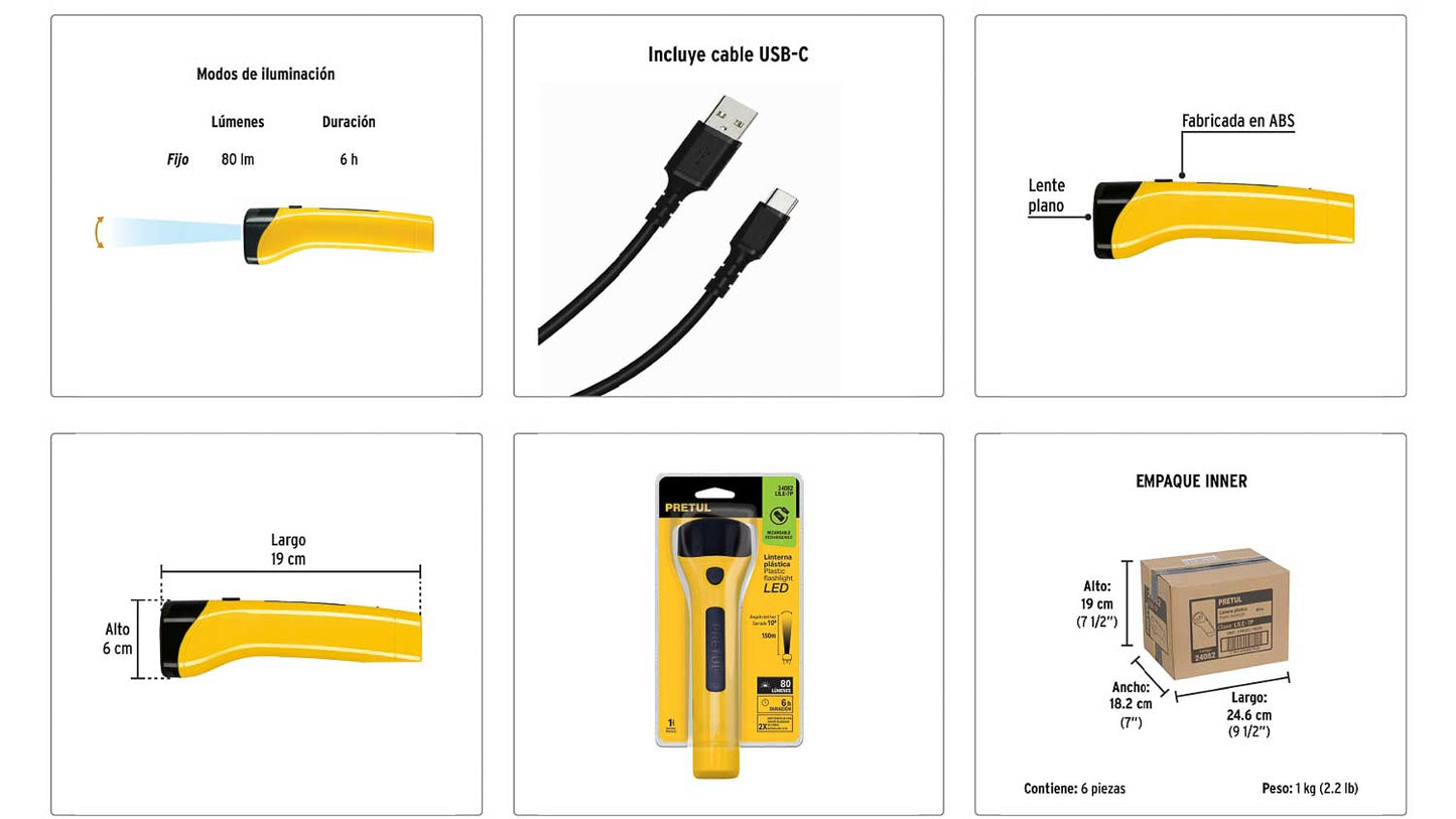 Linterna plástica LED 80 lm recargable