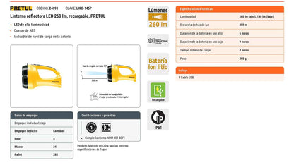 Linterna reflectora LED 260 lm recargable