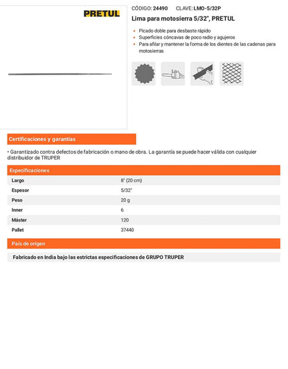 Lima para Motosierra PRETUL 5/32 pulg
