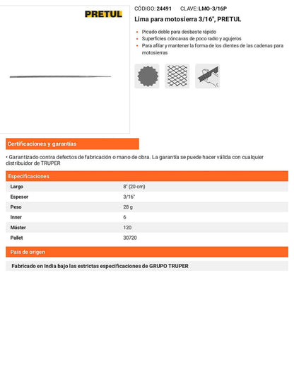 Lima para Motosierra PRETUL 3/16 pulg